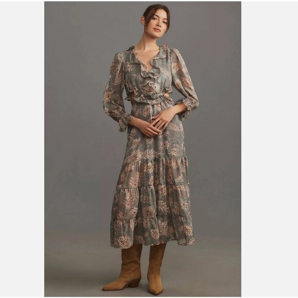 Anthropologie Dresses & Skirts - Anthropologie Floral Ruffle Midi Dress in Sage and Blush